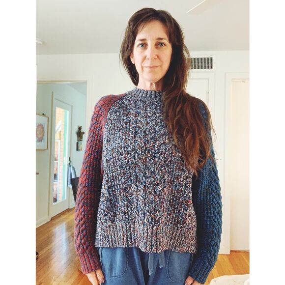Jil Sander Sweaters - JIL SANDER NAVY Blue Red Colorblock 100% Wool Cable Knit Long Sleeve Sweater M